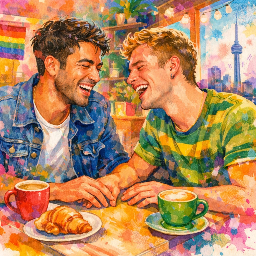 Two men laughing together in coffee shop, colorful queer art celebrating everyday LGBTQ+ joy