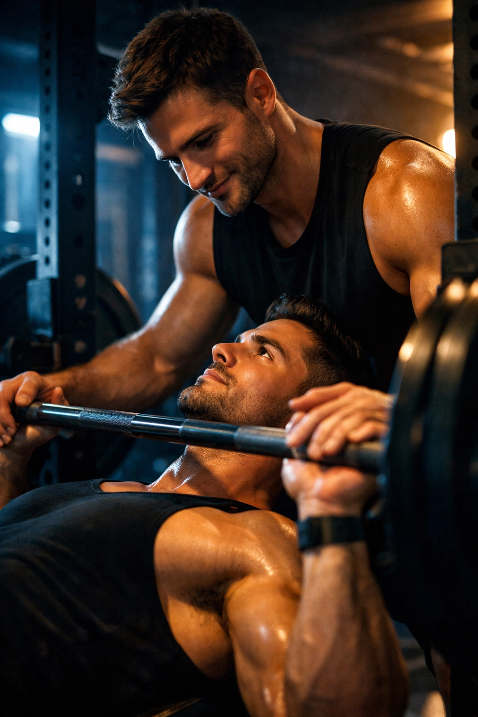 A romantic gym spotting moment between two men, reflecting a popular MM gym romance trope.