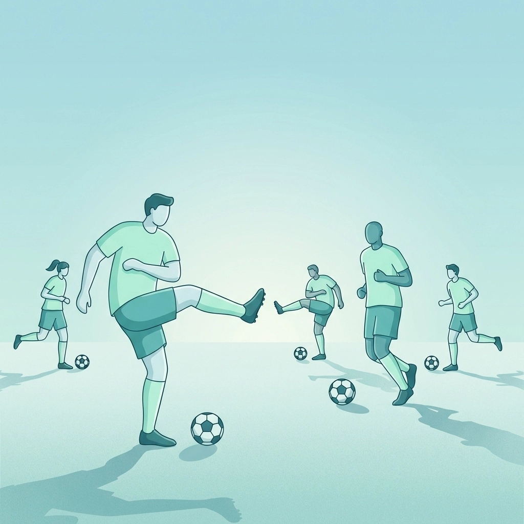 Minimal style image of football players warming up with leg swings and light jogging on a pitch at dawn