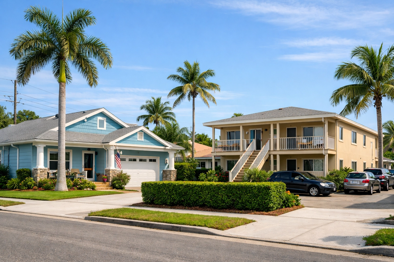 Florida neighborhood showing homestead properties and rental investment properties side by side