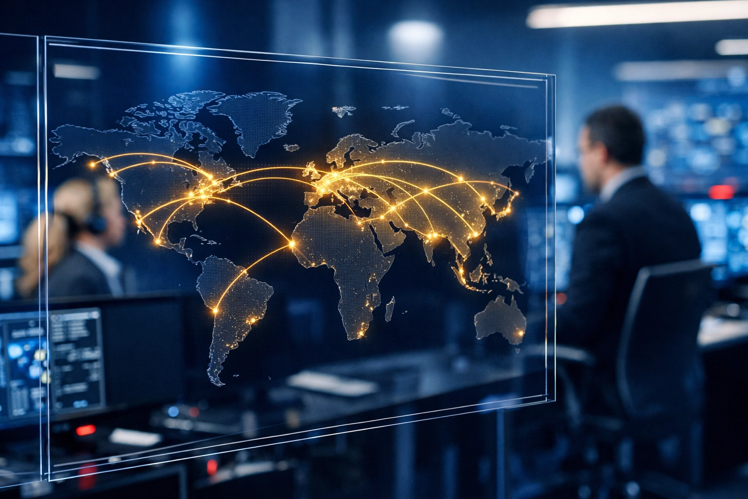 High-tech logistics command center displaying global air freight routes and real-time shipping data visualization.