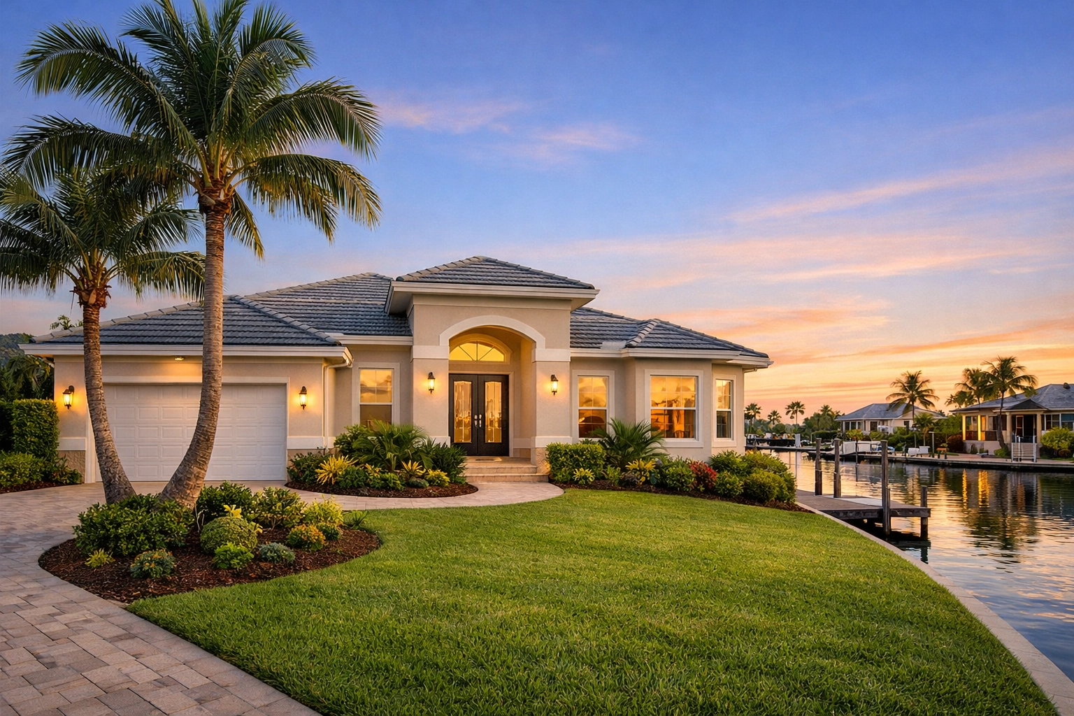 Cape Coral waterfront rental property with palm trees and canal view