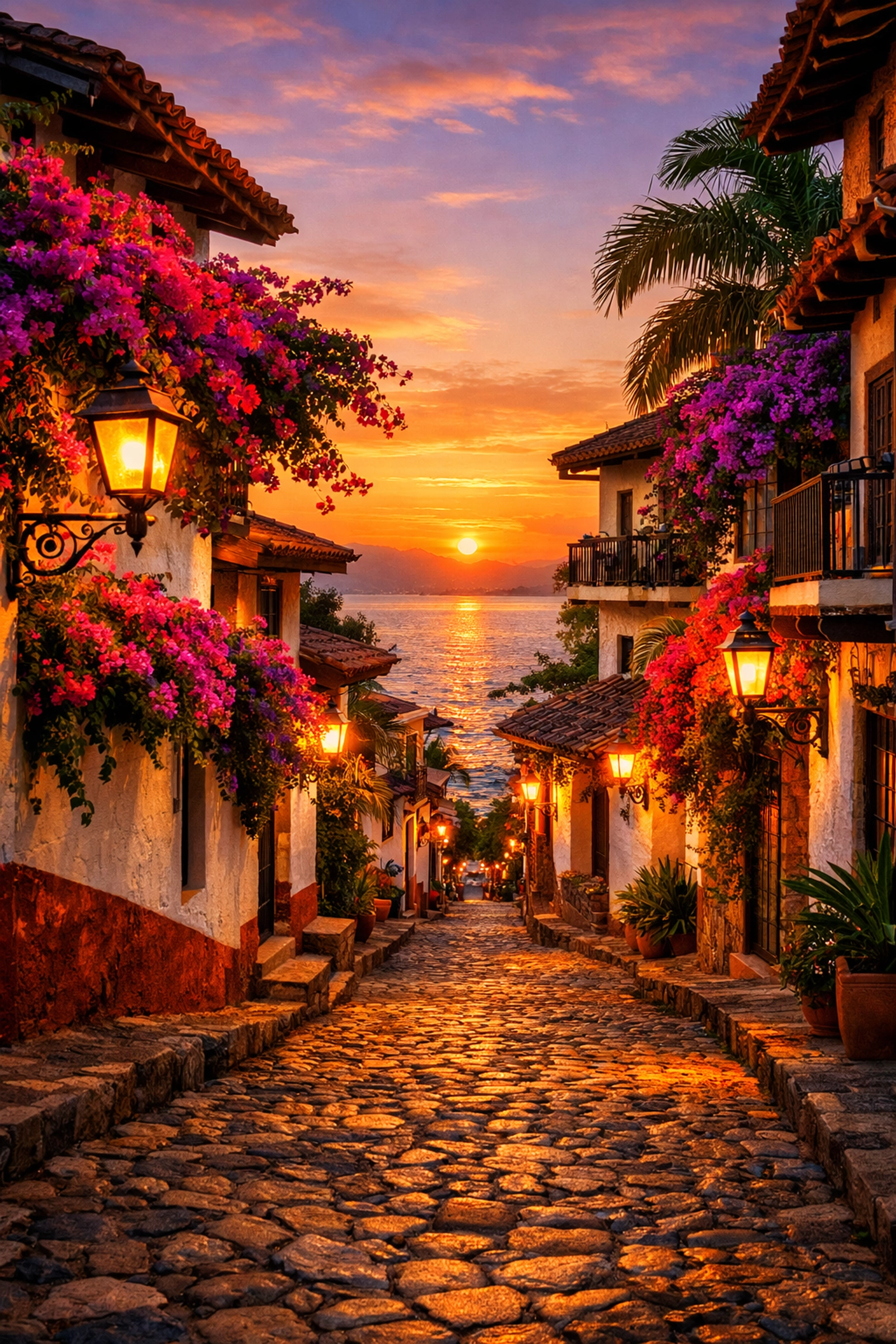 Romantic Old Town street with bougainvillea near condo rentals in Puerto Vallarta Mexico for couples.