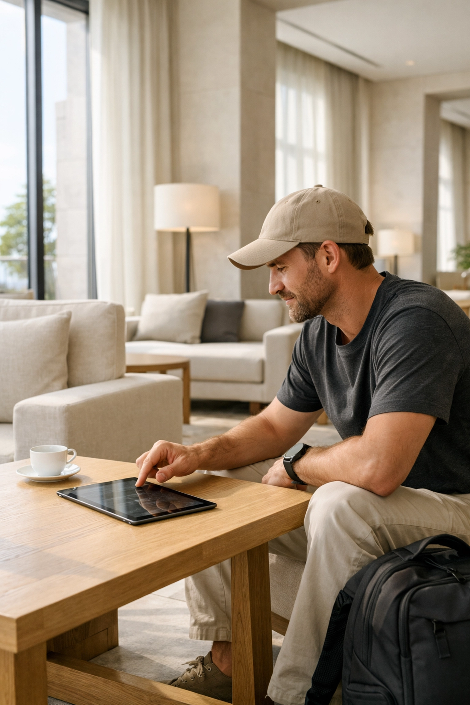 A guest in a minimalist lounge using a tablet to experience a seamless hotel booking engine and check-in.