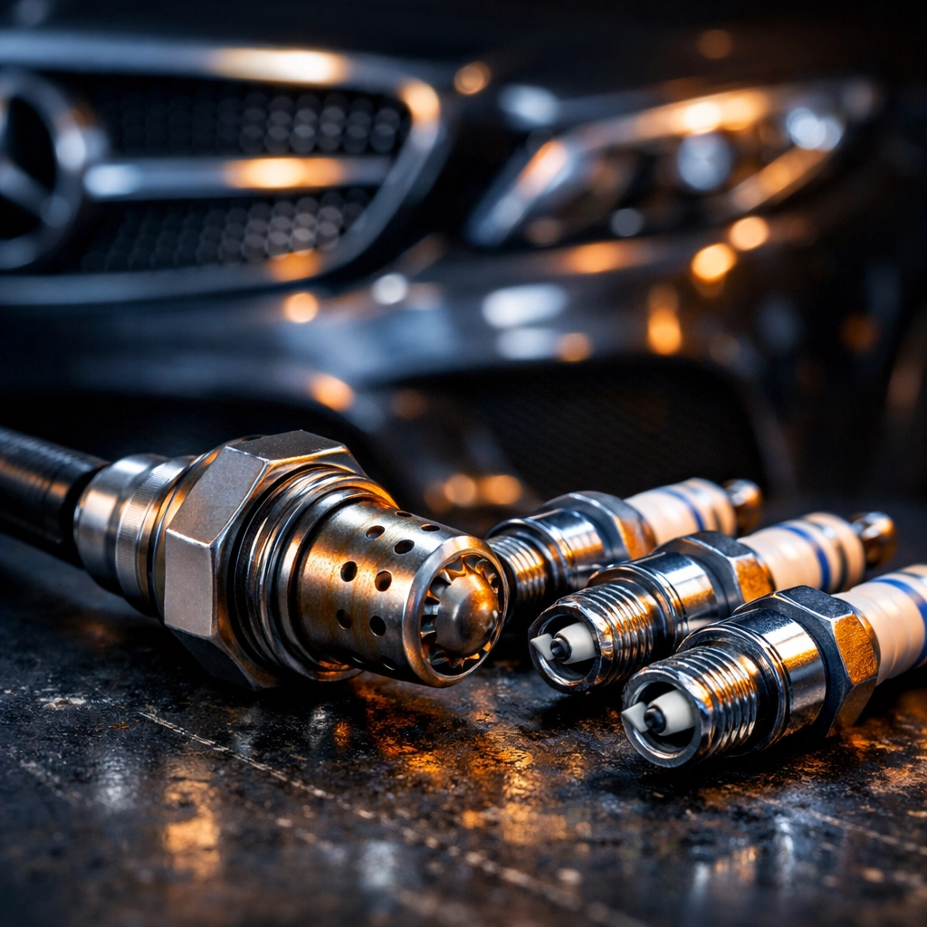 New oxygen sensor and spark plugs used by a mechanic to fix check engine light issues.