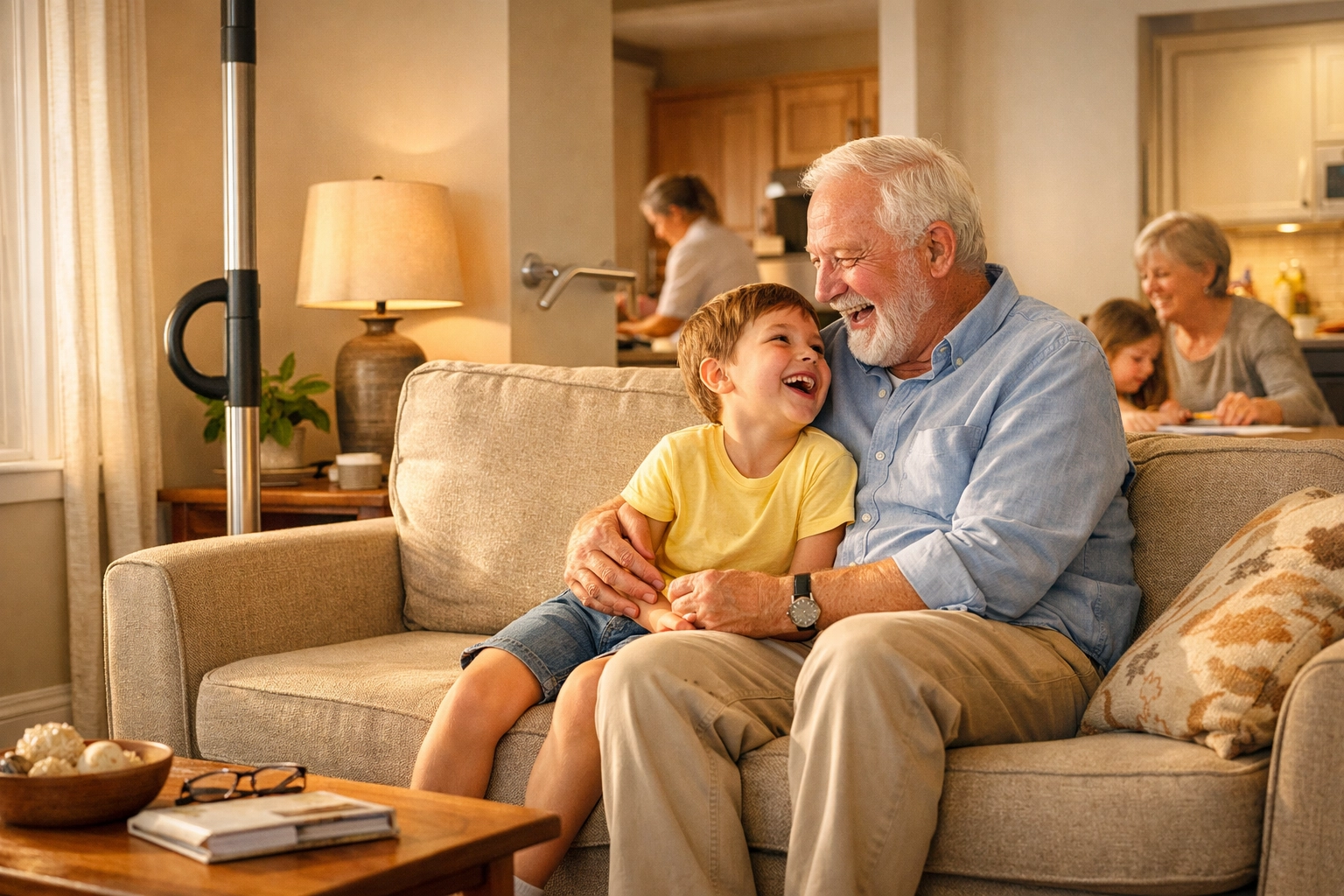 Grandfather and grandson in a safe home featuring discrete fall prevention aids like stability poles.