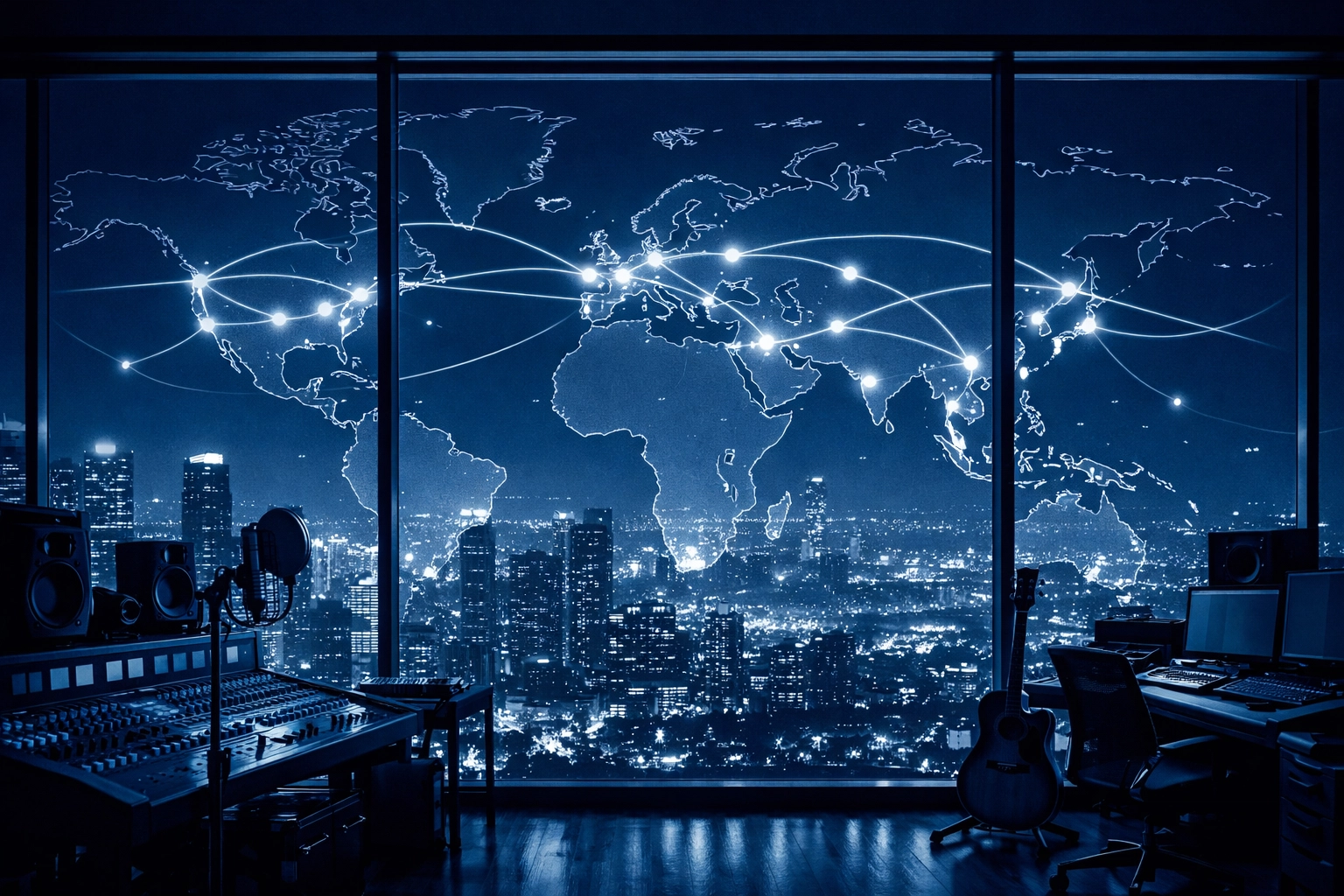 Global music distribution network with a professional studio overlooking a city skyline and world map.
