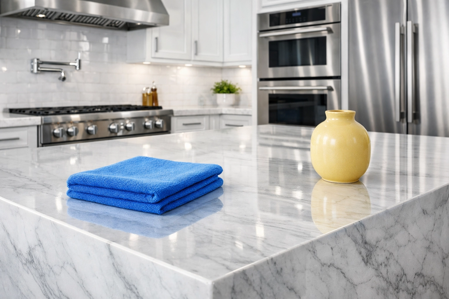 Pristine luxury kitchen with polished marble counters after a detailed bi weekly house cleaning in Sudbury.