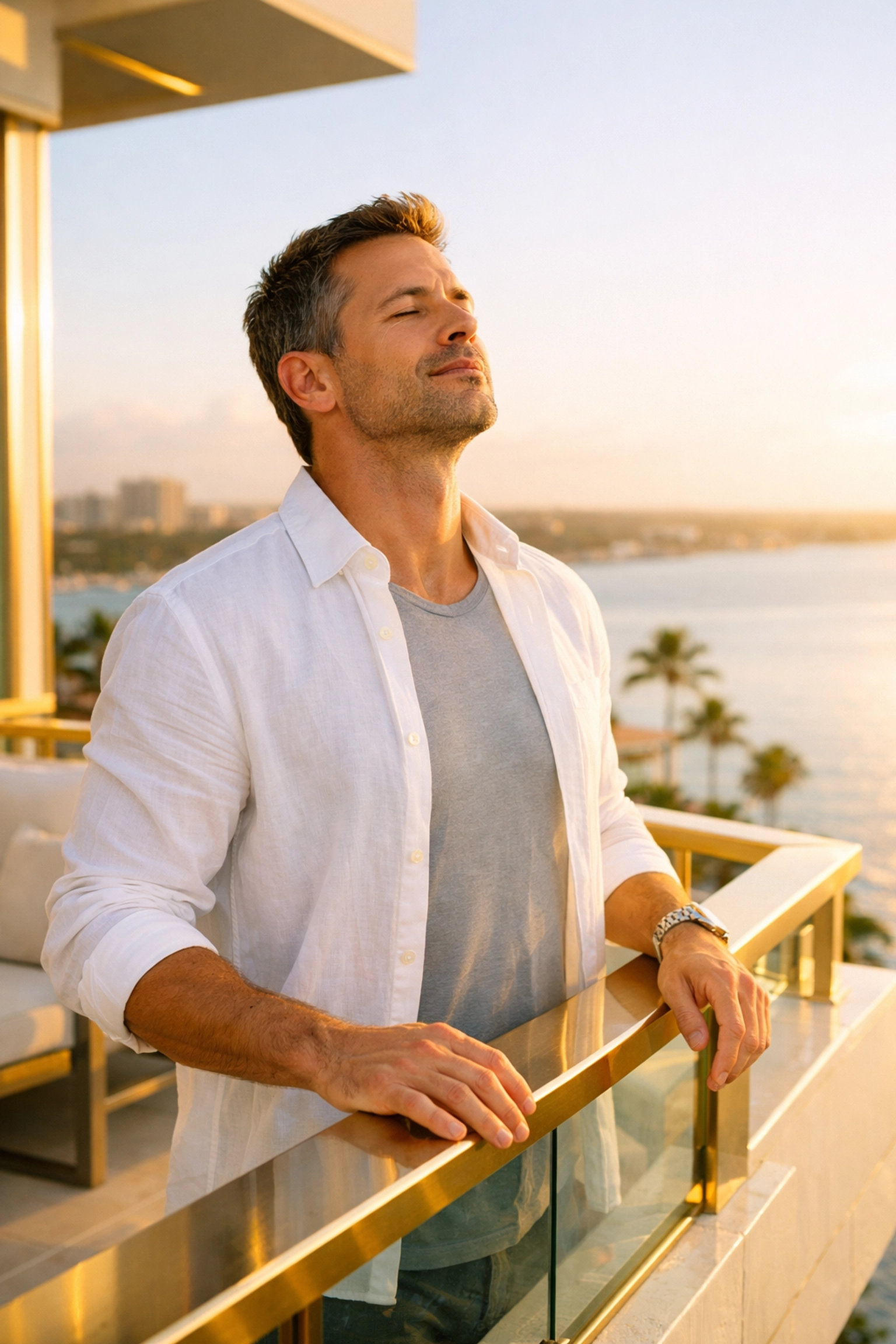 A revitalized man enjoying high energy and wellness on a sunny West Palm Beach balcony.