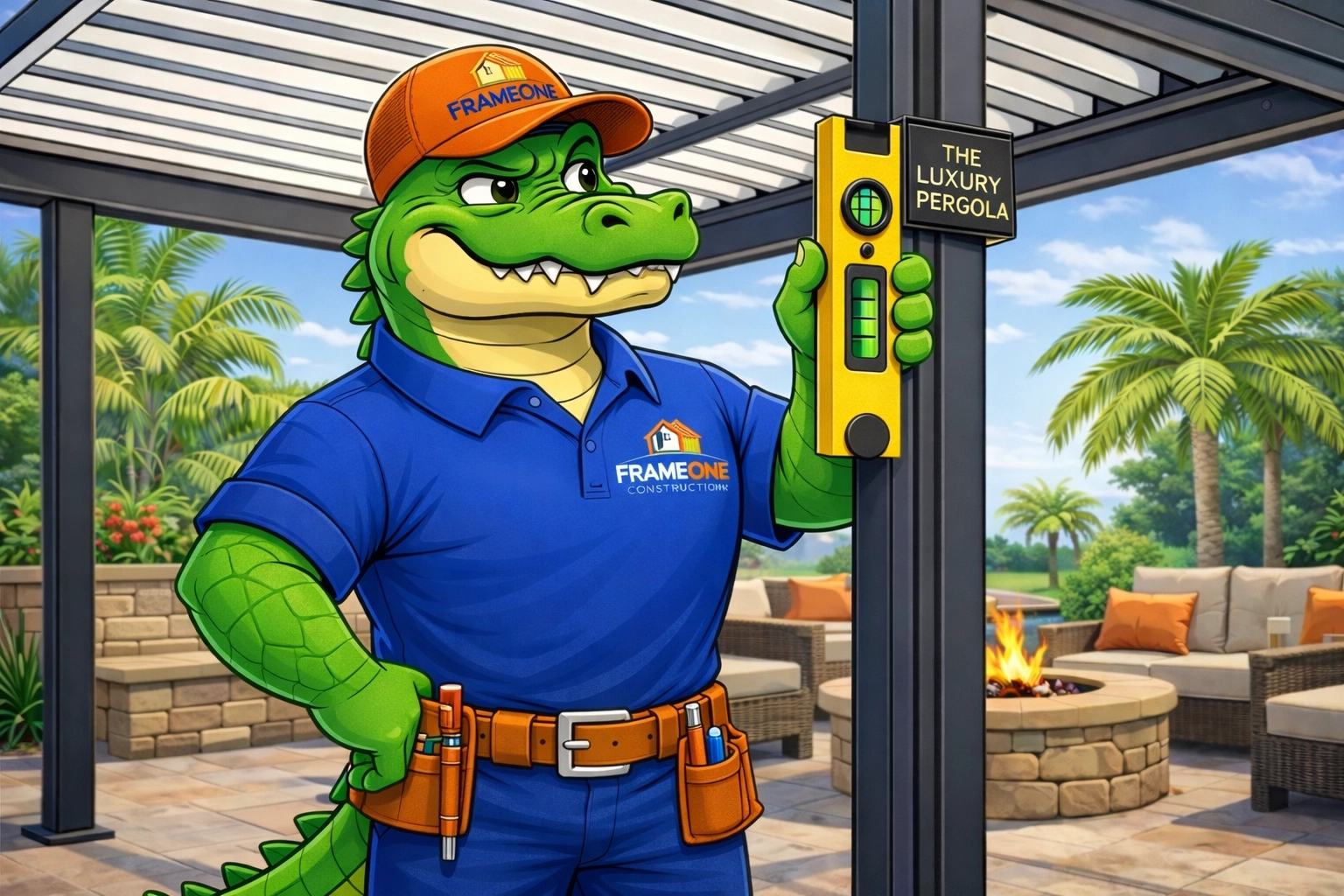 Al E. Gator checking the level of a dark bronze motorized pergola on a professional Tampa patio installation.