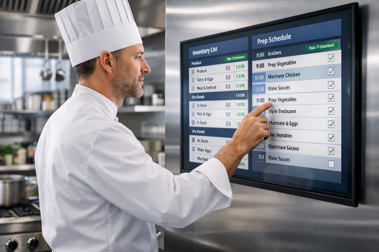 Chef using an interactive screen for restaurant inventory management and AI-driven growth in a modern commercial kitchen.