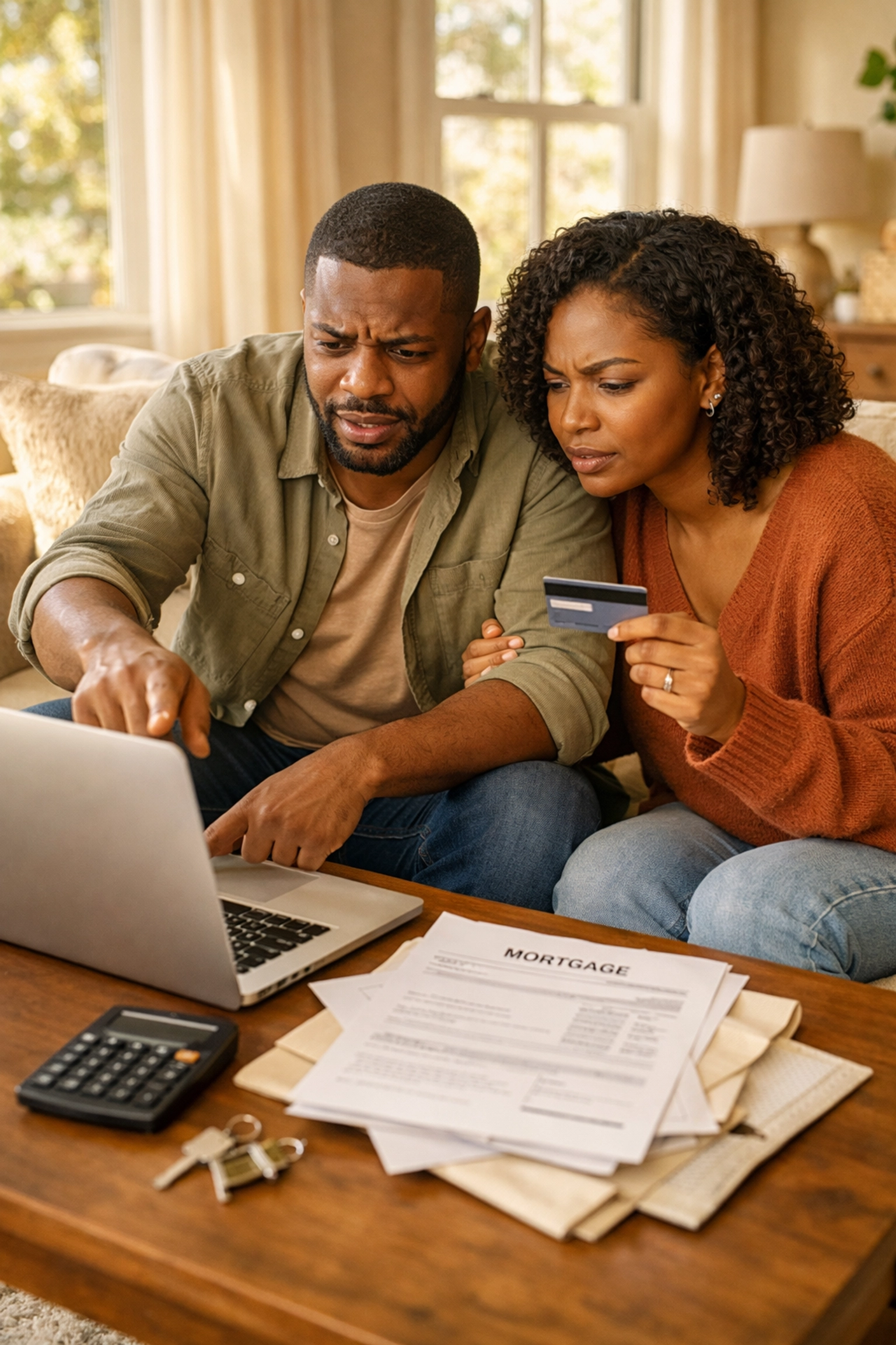 Couple reviewing mortgage documents and credit card purchases before home closing date