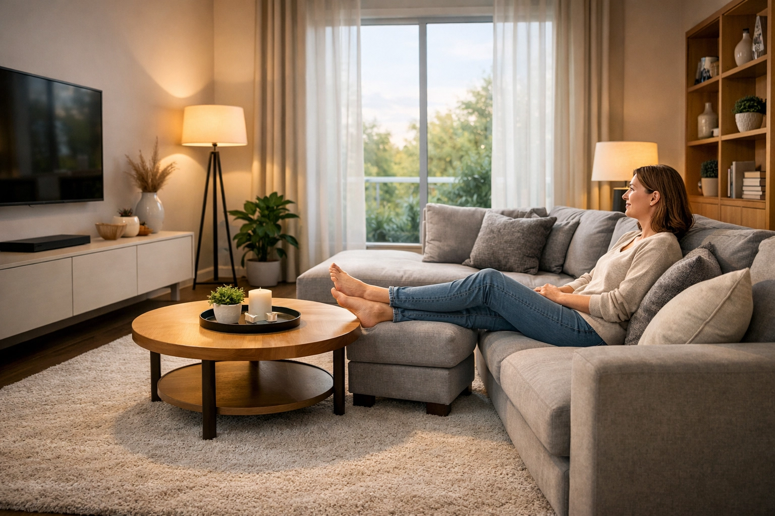 A woman relaxing in a spotless living room after professional domestic cleaning services in Norwich.