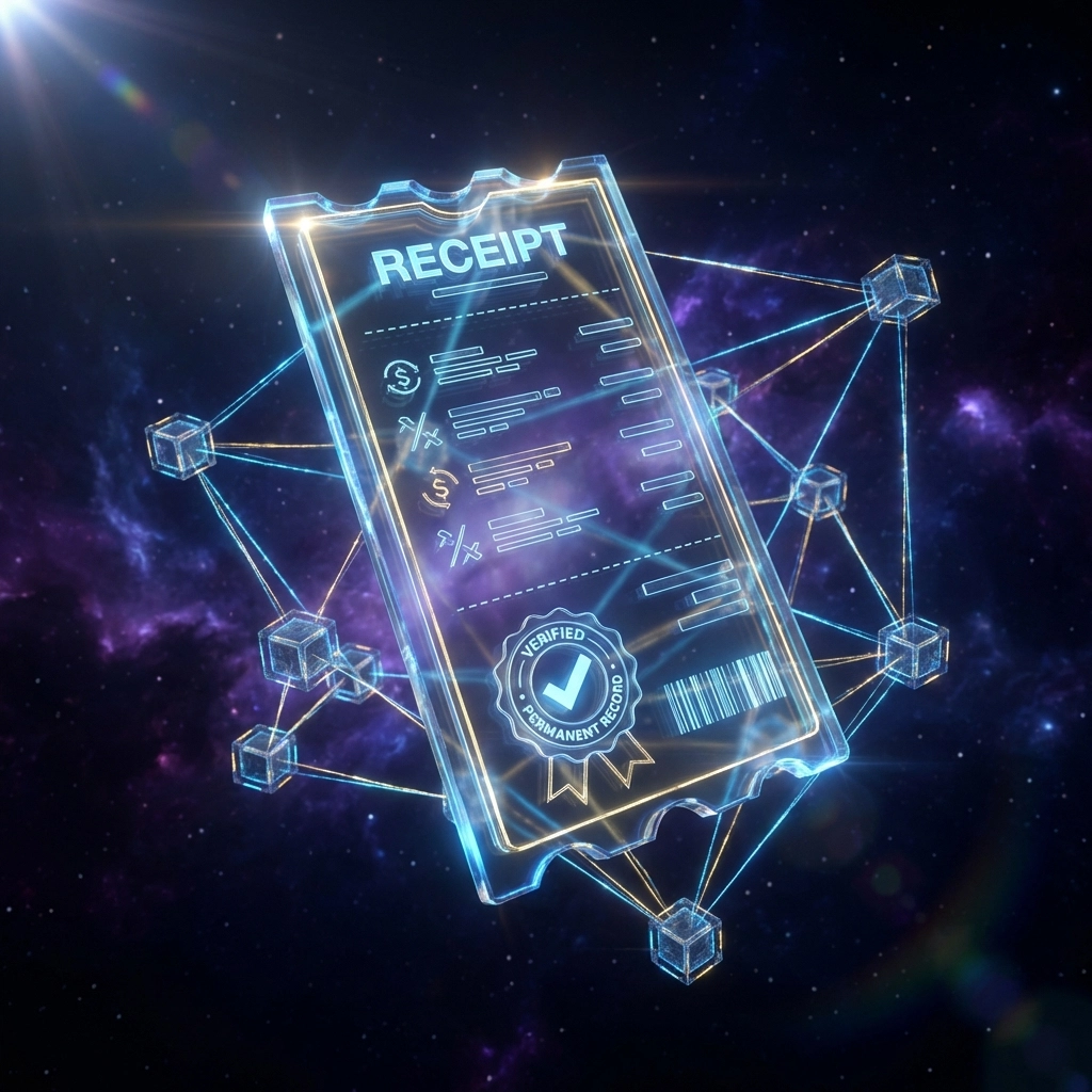 Futuristic NFT receipt floating in space, symbolizing blockchain transaction security and permanent recordkeeping for merchants.