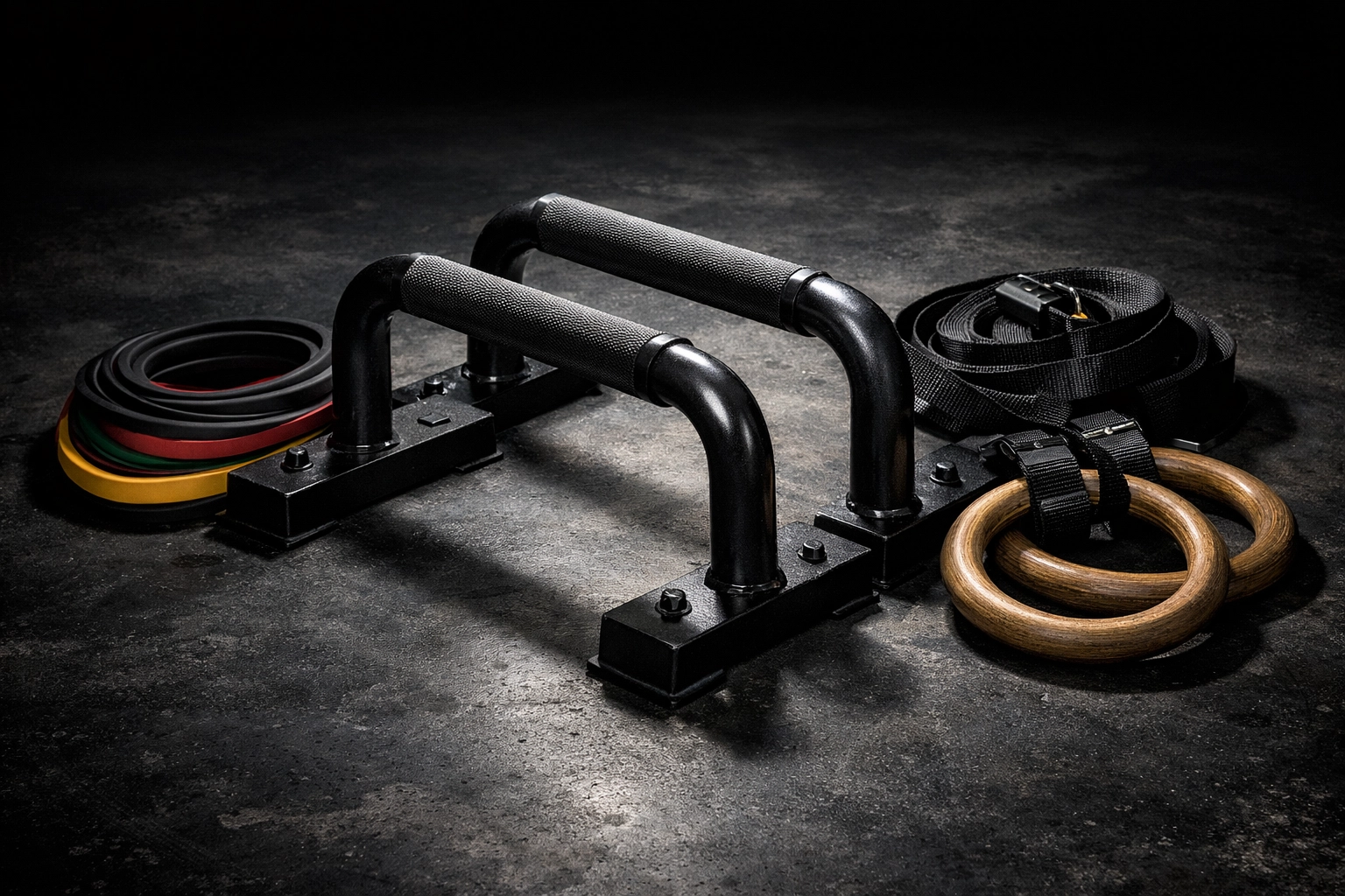 Premium home gym equipment including rings and parallettes for effective resistance training.