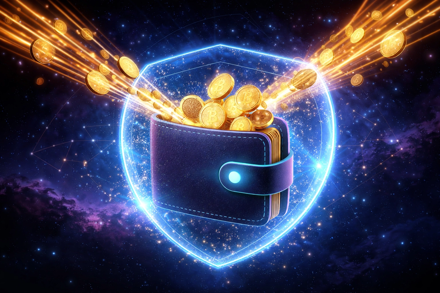 Digital wallet in space receiving cryptocurrency, symbolizing self-custody and merchant financial control with Larecoin.