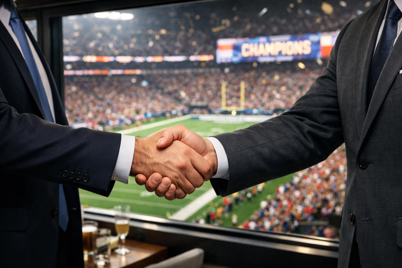 Executives closing a major deal in a luxury stadium suite during a high-stakes Super Bowl event.