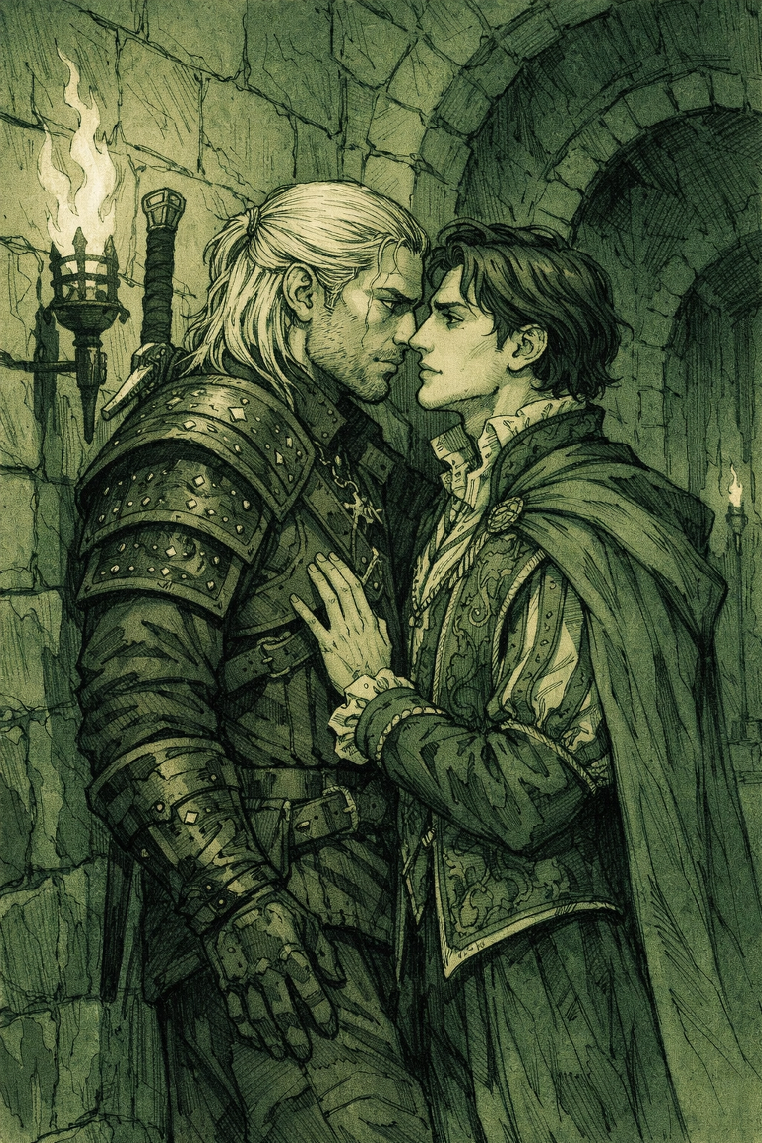 MM fantasy romance: witcher and nobleman share intimate moment in castle corridor, duty versus desire
