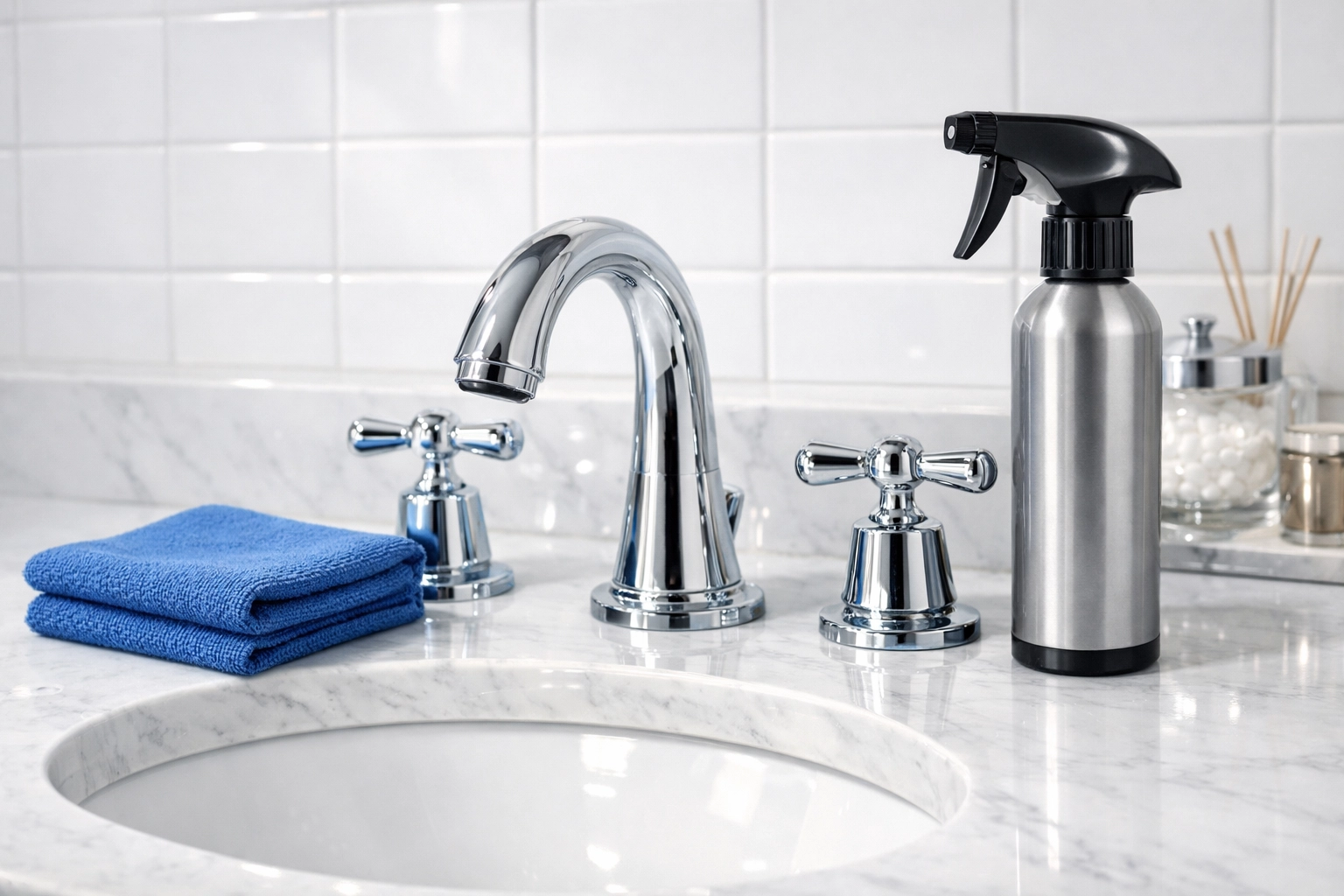 Sparkling white marble bathroom vanity and clean grout lines from regular professional home cleaning services.