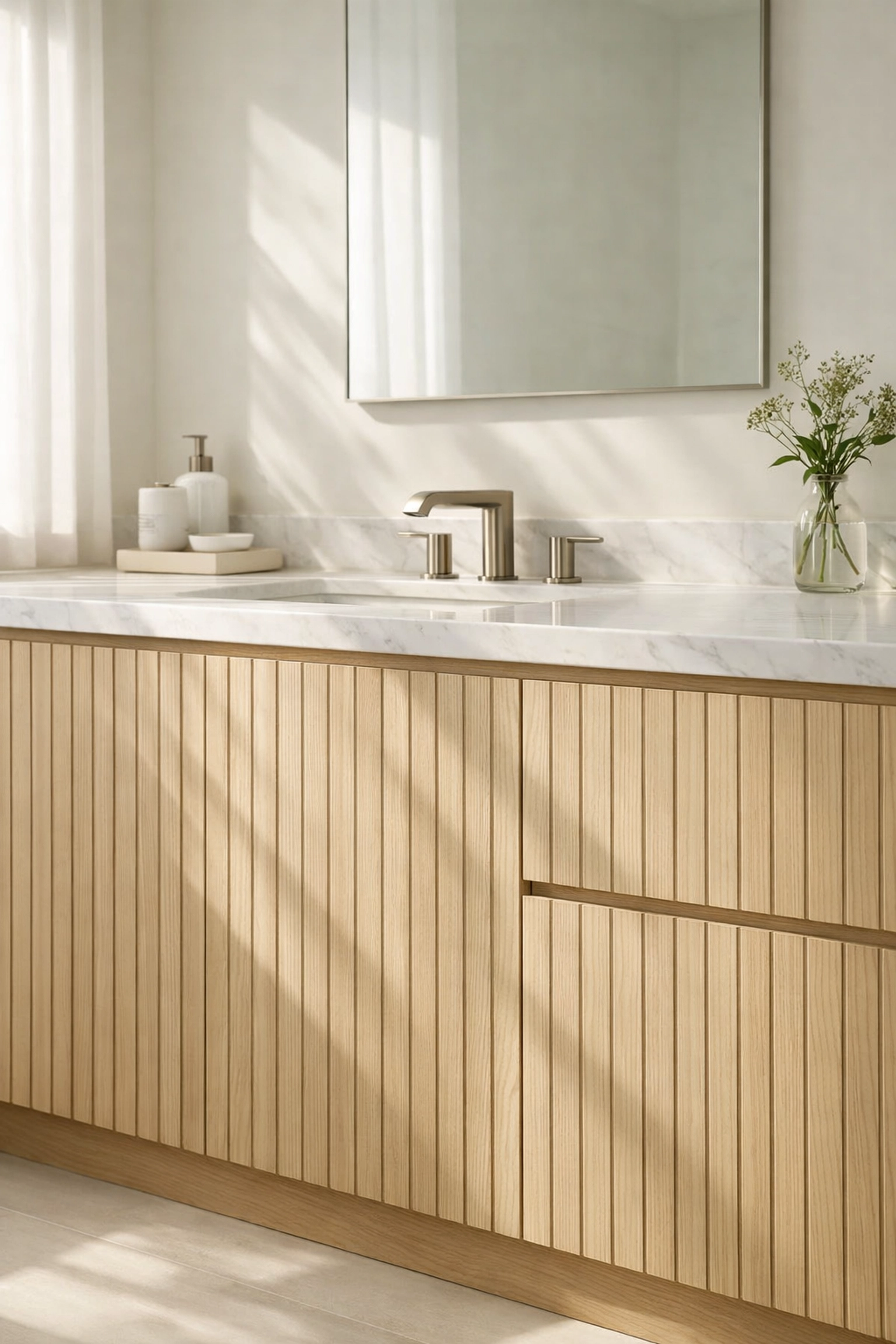 Modern light oak custom bathroom vanity with a V-groove wood texture and marble countertop.