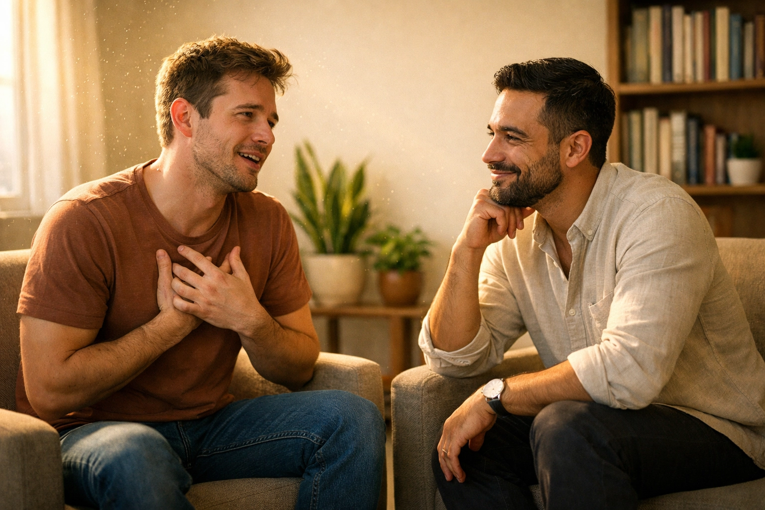 Two men in an affirmative therapy session focusing on queer healing and LGBTQ+ mental wellness.