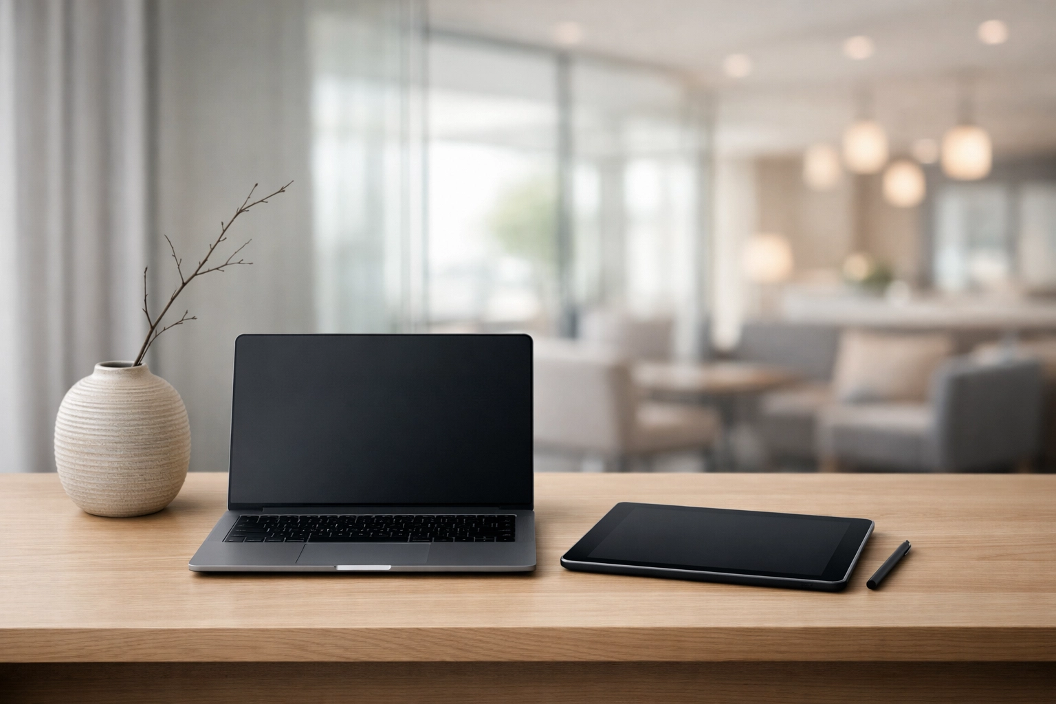 Modern hotel workspace with cloud-native PMS software on a laptop for seamless integrations.