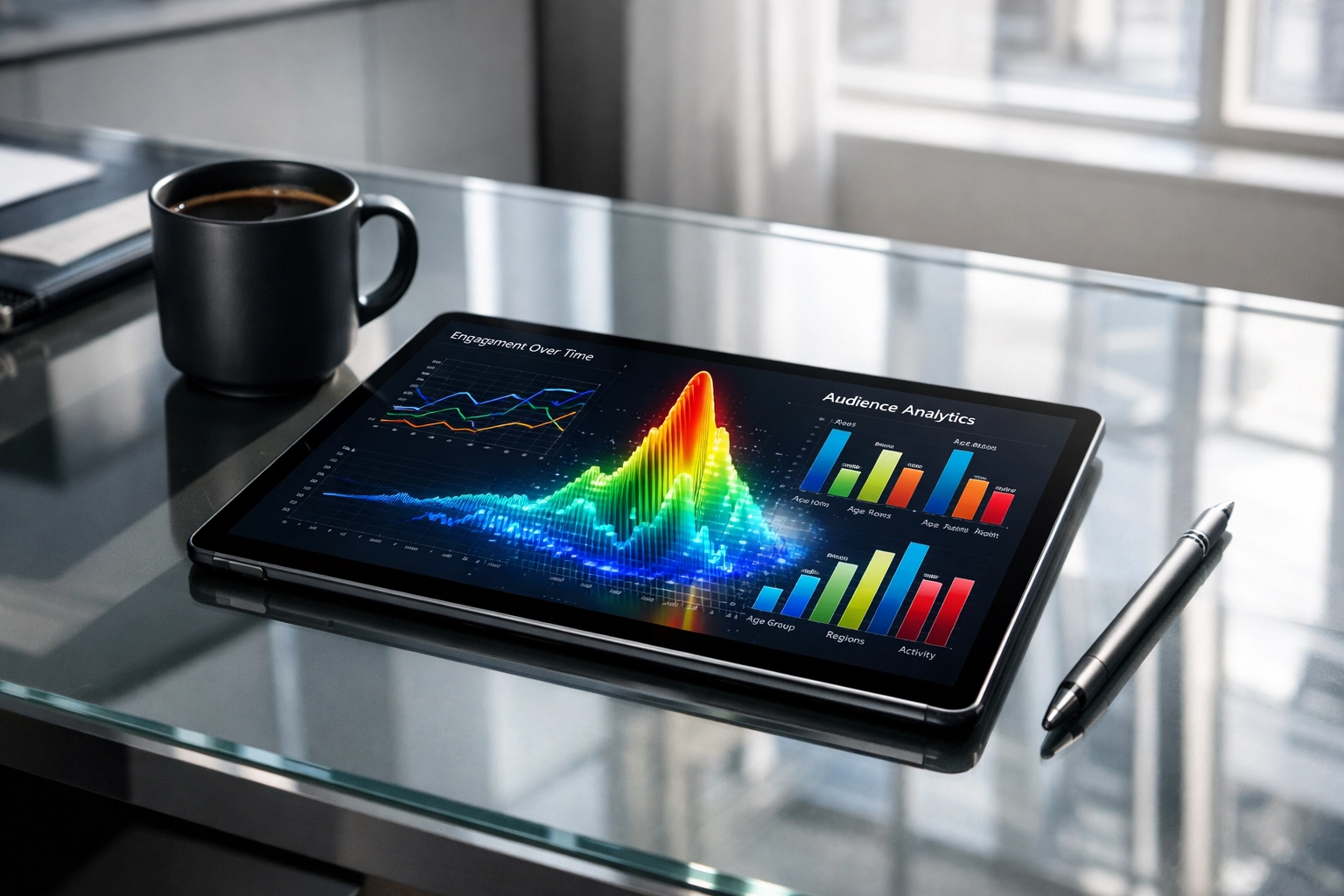 Close-up of business analytics and engagement metrics on a tablet for post-game branding strategy.