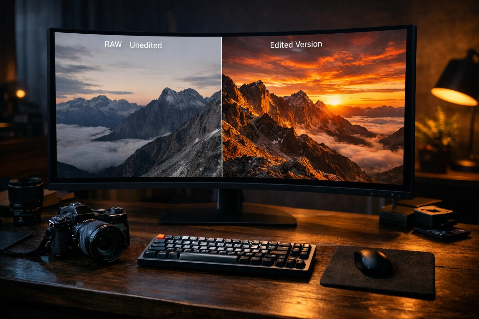 Professional photo editing workstation showing a RAW vs edited mountain landscape comparison.