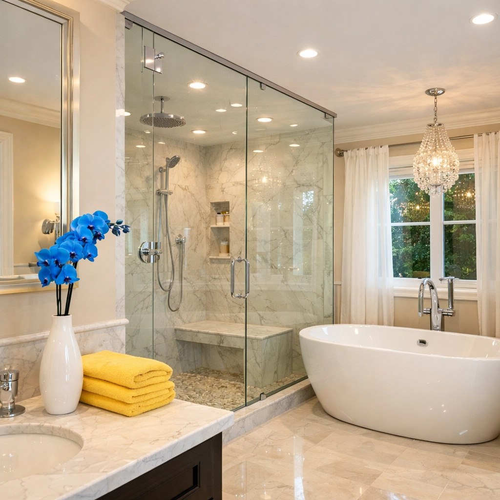 Deep cleaning results in a luxury Weston bathroom featuring a sparkling glass shower and white soaking tub.