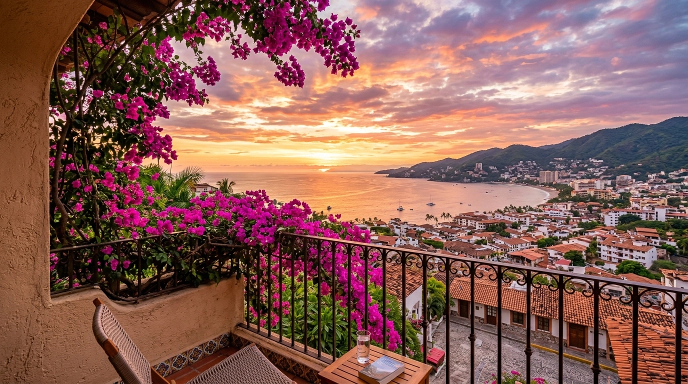 A stunning sunset view from a condo balcony in Puerto Vallarta with vibrant bougainvillea flowers.