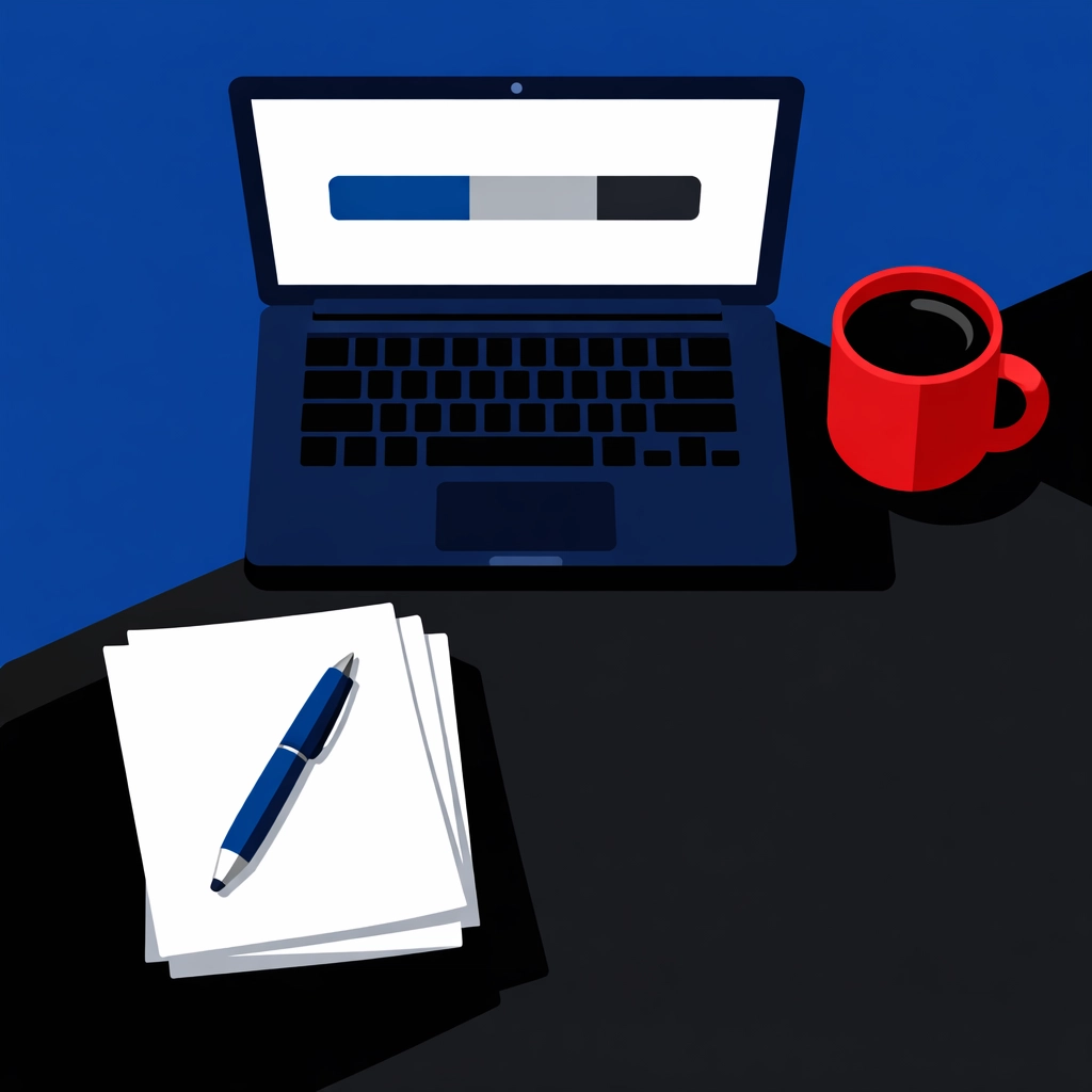 Minimalist home office desk showing progress tracking for a Transport Manager CPC online course.