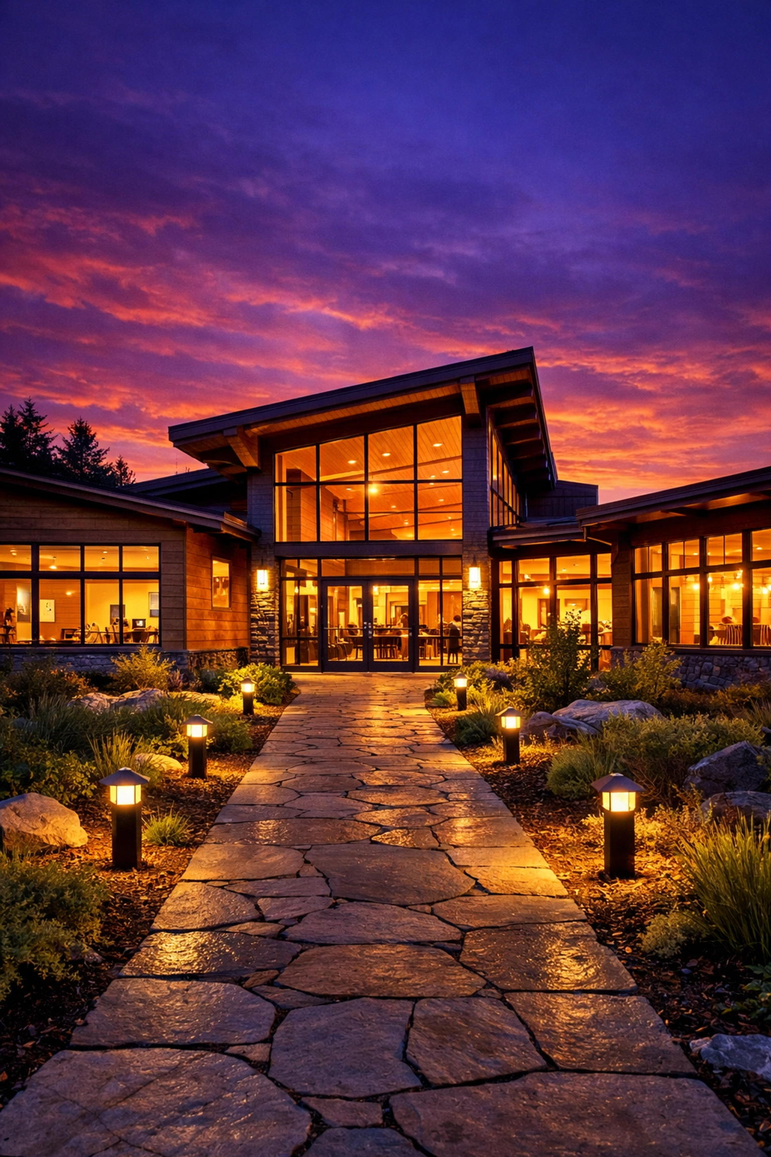 A glowing community center at dusk, representing the strength and support offered by Family ReBuild of New Jersey.
