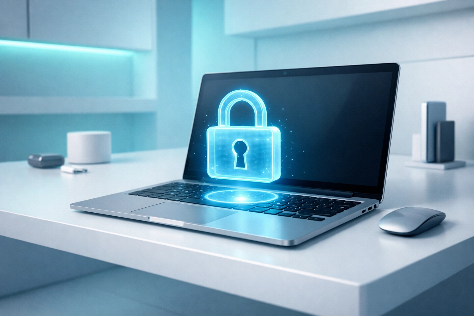 Digital laptop with a security lock symbol representing e-contract and data privacy compliance in HR.