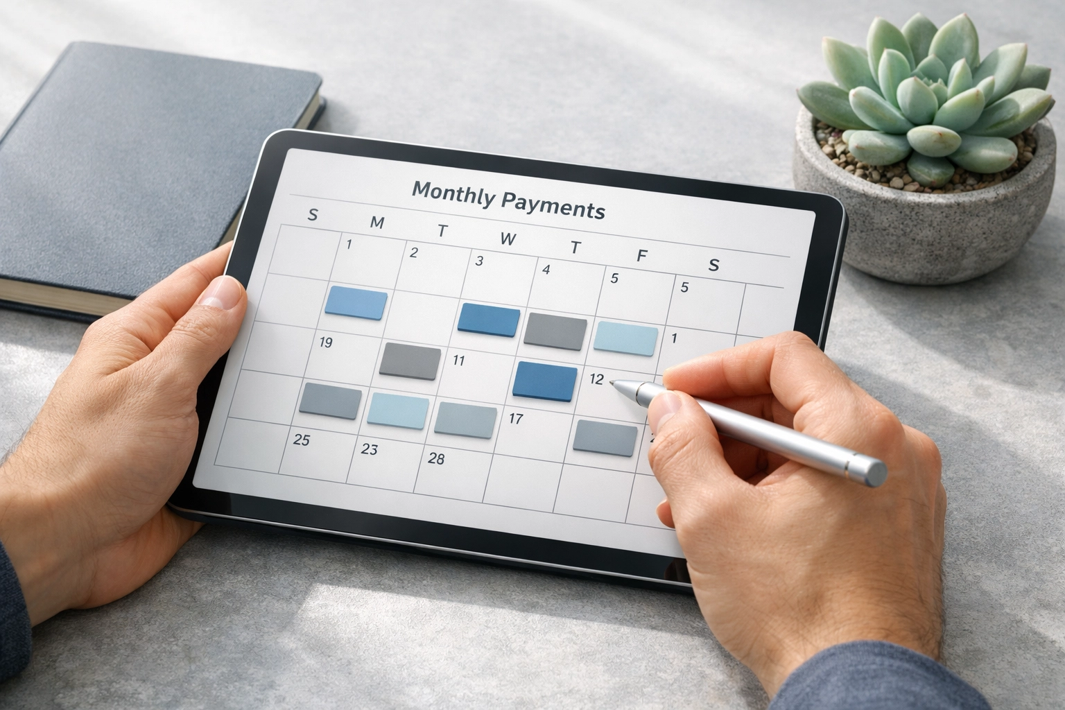 Person tracking installment loan payments and payday loans Vancouver schedules on a tablet.