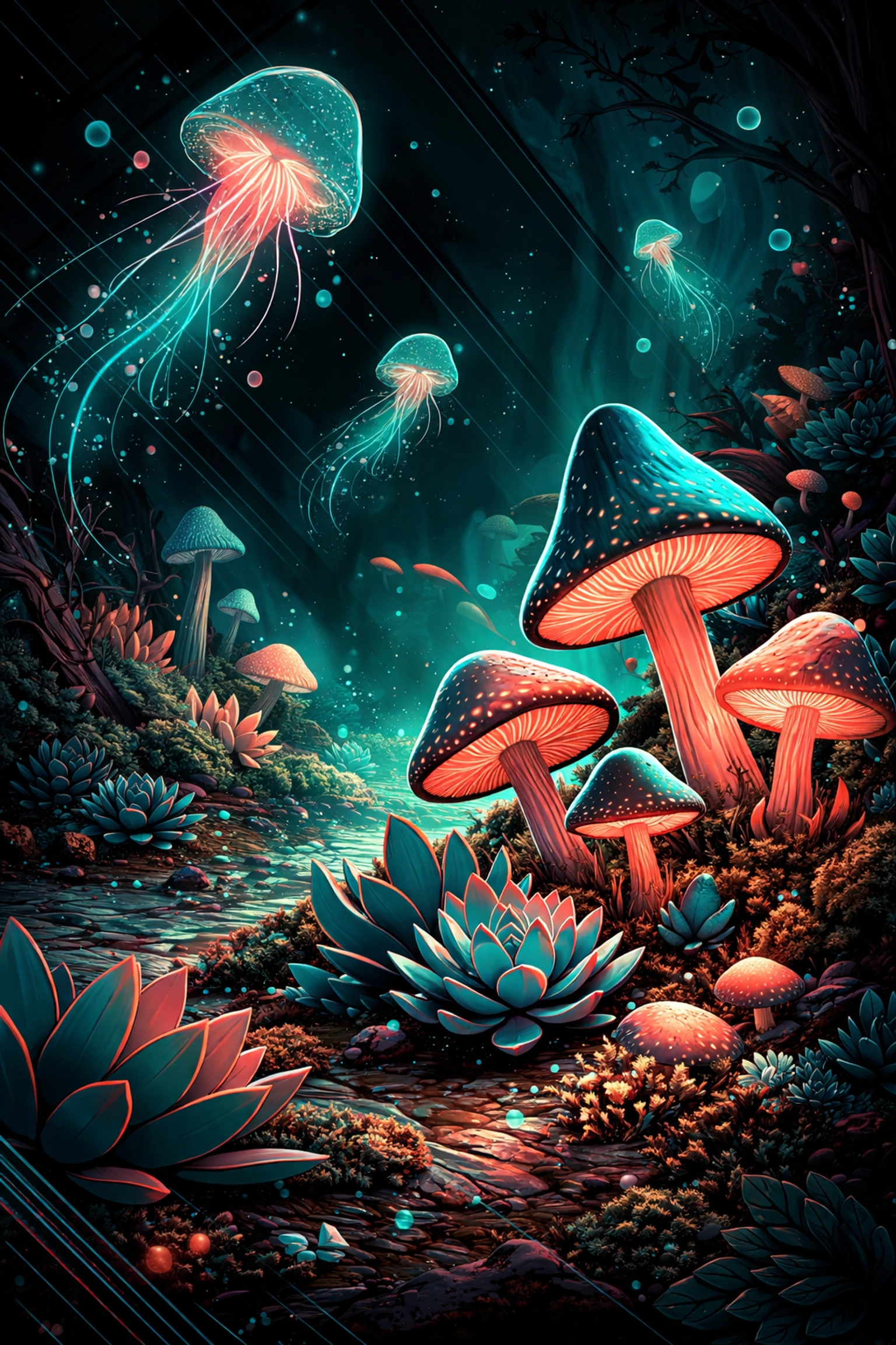 Mystical forest scene with mushrooms, succulents, and glowing deep-sea creatures illustrating creative SVG bundle inspiration