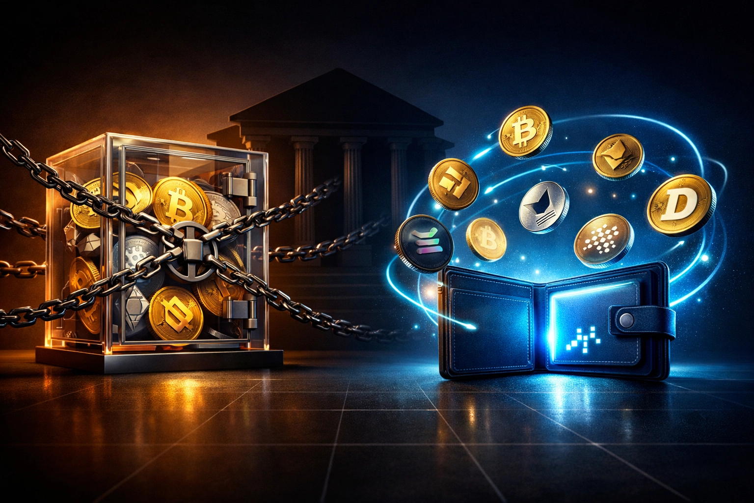 Self-custody crypto wallet vs custodial payment processor showing merchant control and financial sovereignty