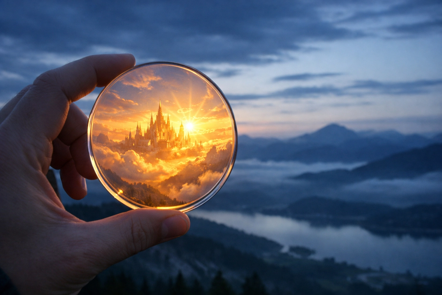 A hand holding a lens to the dawn sky, viewing the world through a hopeful biblical perspective and faith.