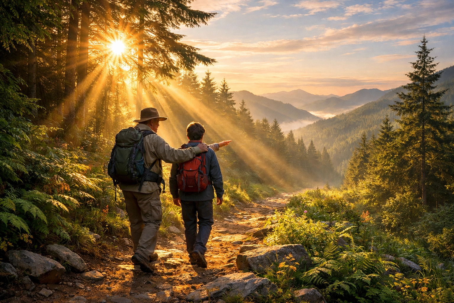 A mentor and youth walking a mountain path, symbolizing the biblical journey of seeking counsel and support.