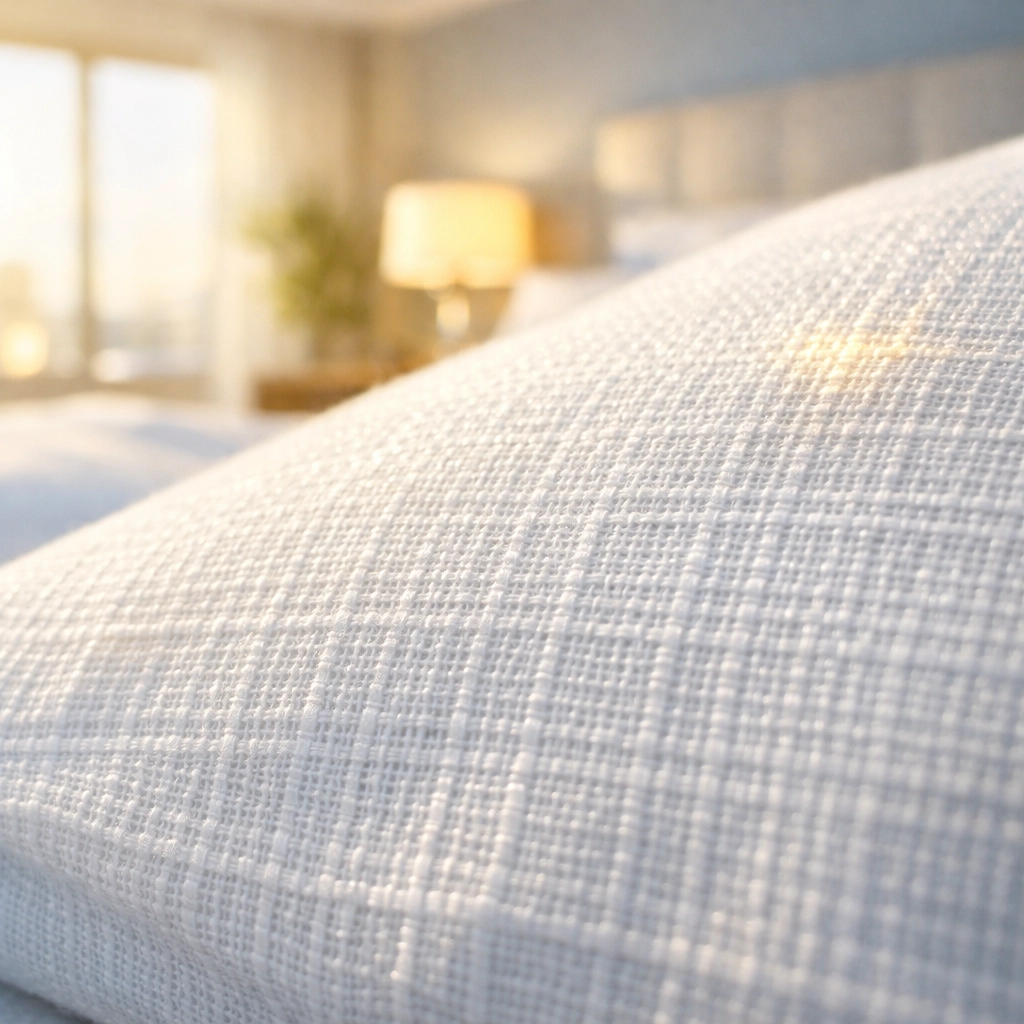 Close-up of a clean white linen pillowcase highlighting fabric hygiene and pillow cleanliness.