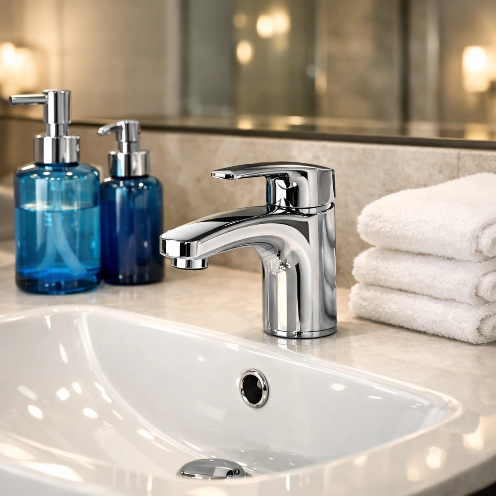 Spotless bathroom vanity with a sparkling chrome faucet and clean white towels in a Bolton home.