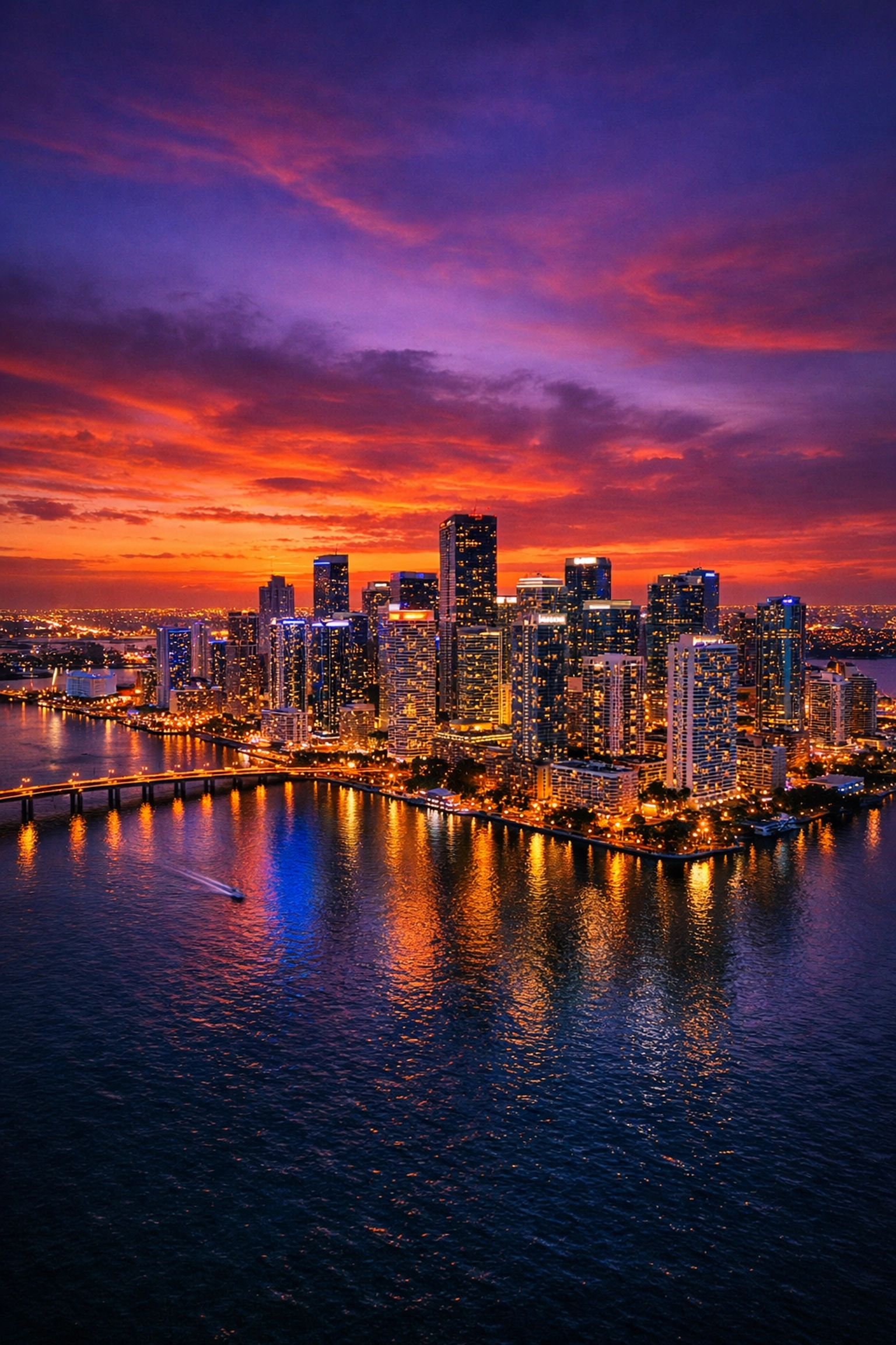 Stunning aerial drone view of the Miami skyline and Brickell at sunset by a professional photographer.