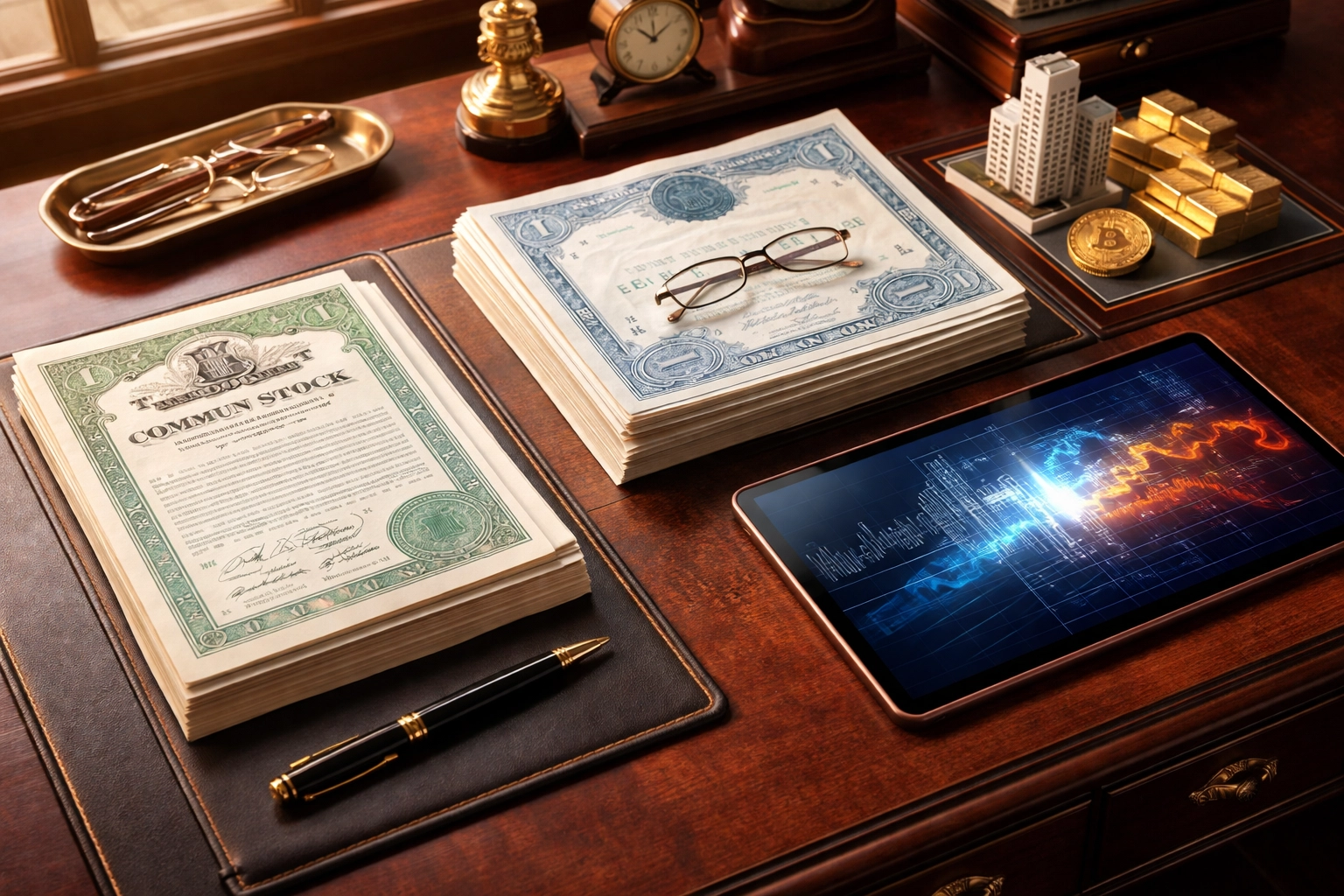 High-end desk with stocks, bonds, and alternative investments, illustrating portfolio diversification options