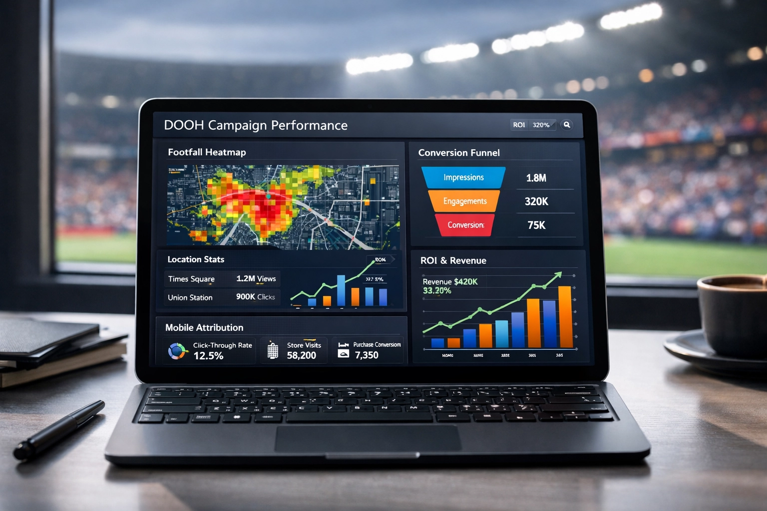 DOOH analytics dashboard showing campaign performance metrics and ROI data