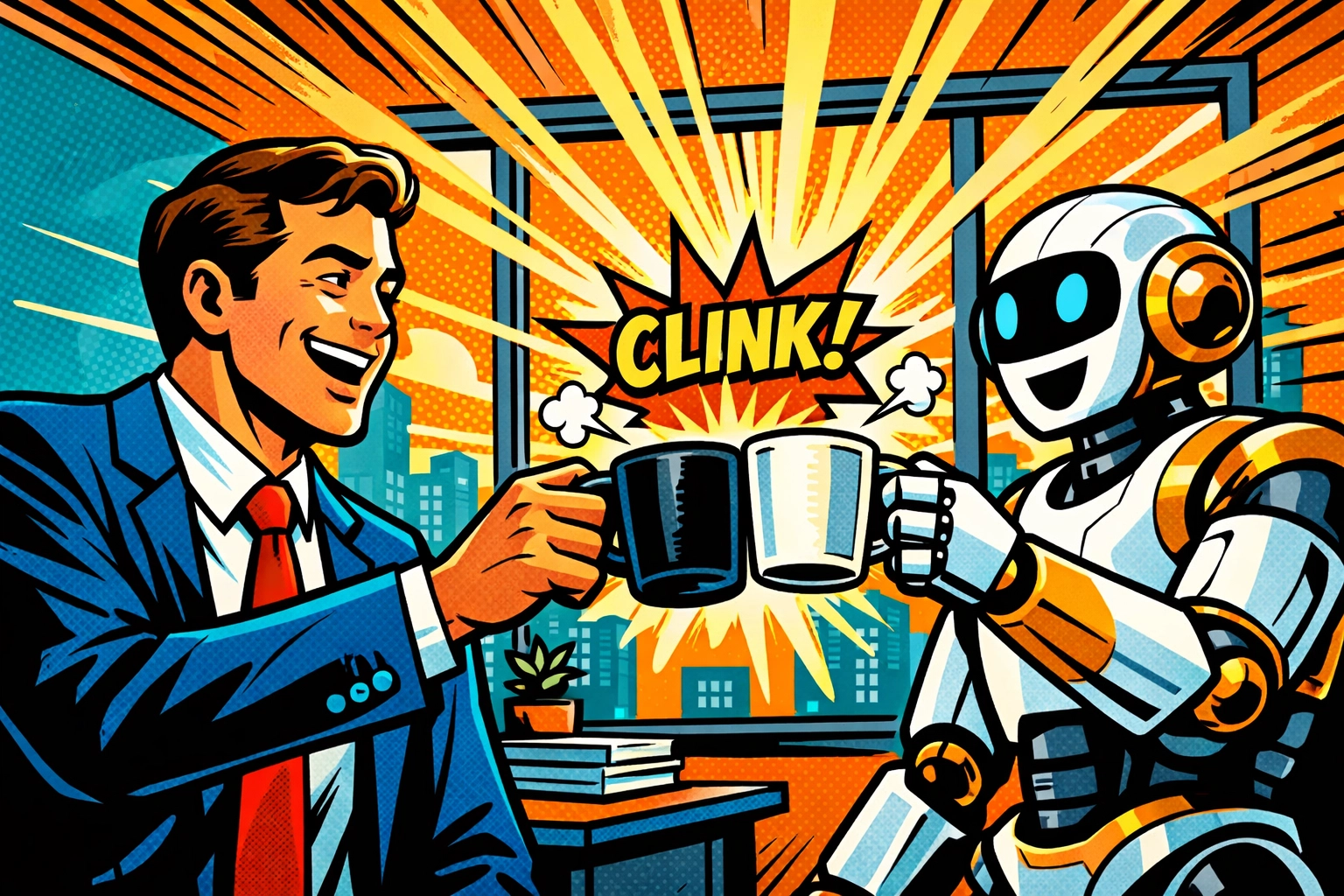 Business owner collaborating with a robot assistant to scale their company without burnout.