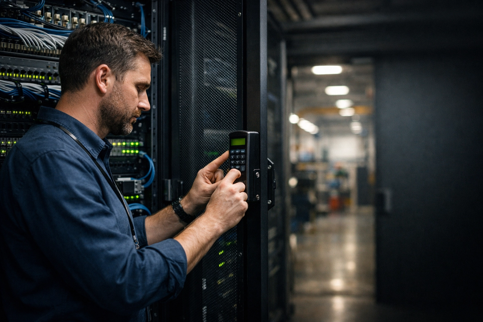 IT technician inspecting a server rack lock in a Midwest manufacturing plant to improve physical endpoint security.
