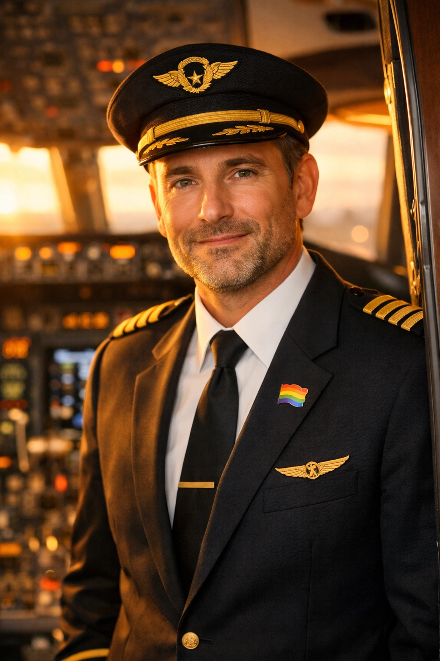 Gay airline captain in uniform with rainbow pride pin standing in aircraft cockpit