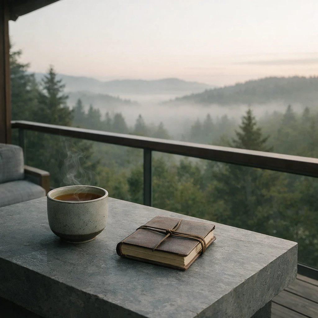 Peaceful hotel balcony overlooking a misty forest, representing intentional travel and wellness.