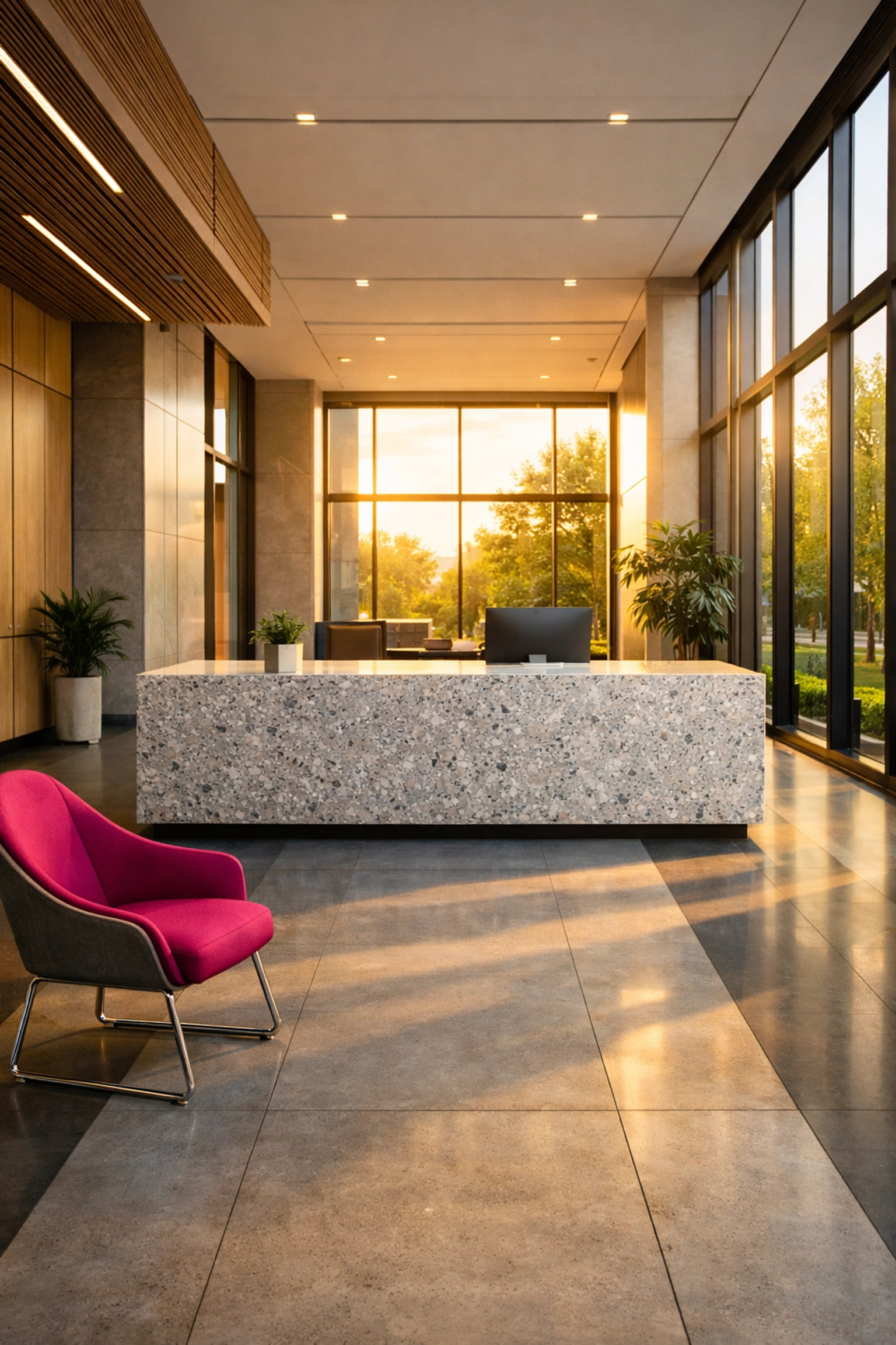 Sleek corporate reception desk made from recycled plastic panels in a modern sustainable office foyer.