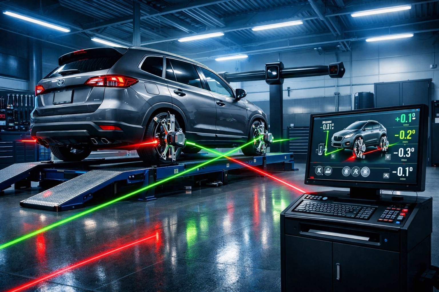 Modern SUV on a precision alignment lift at a professional tire shop near me in White Hall.