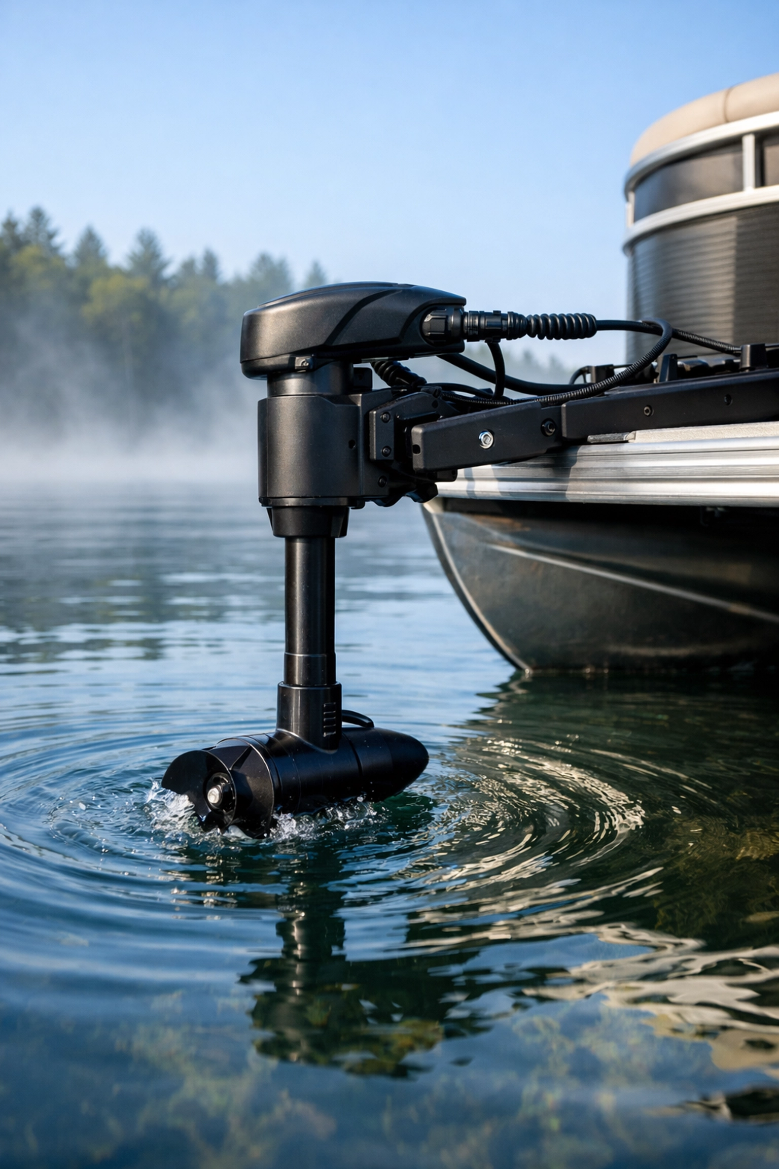 Electric trolling motor for pontoon boat conversion mounted on the bow for precise control.